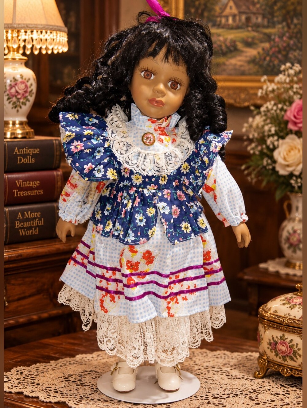 Vintage DanDee ROSE 1-5000 Porcelain Doll Black Hair Floral Dress 16”